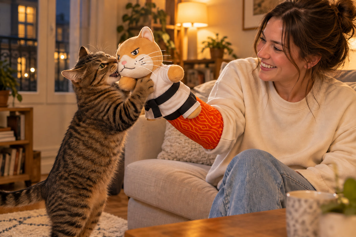 Un chat attaque à pleines dents la marionnette Natraline enfilée sur le bras de sa maîtresse