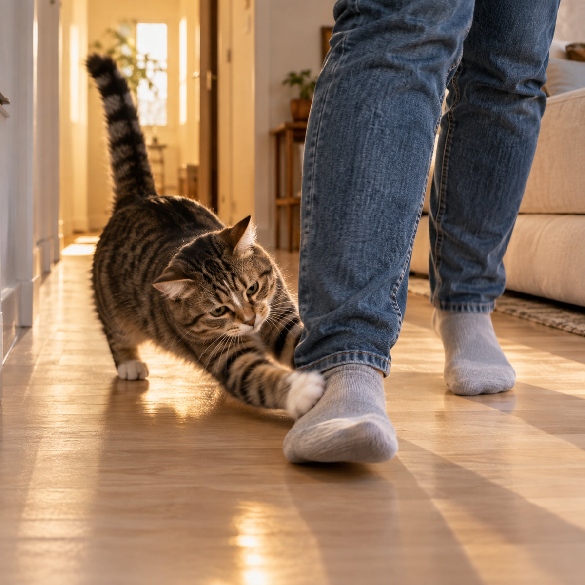 Un chat bondit sur la marionnette Natraline