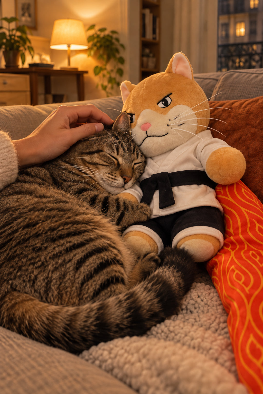 Un chat couché à côté de la marionnette Natraline après le jeu