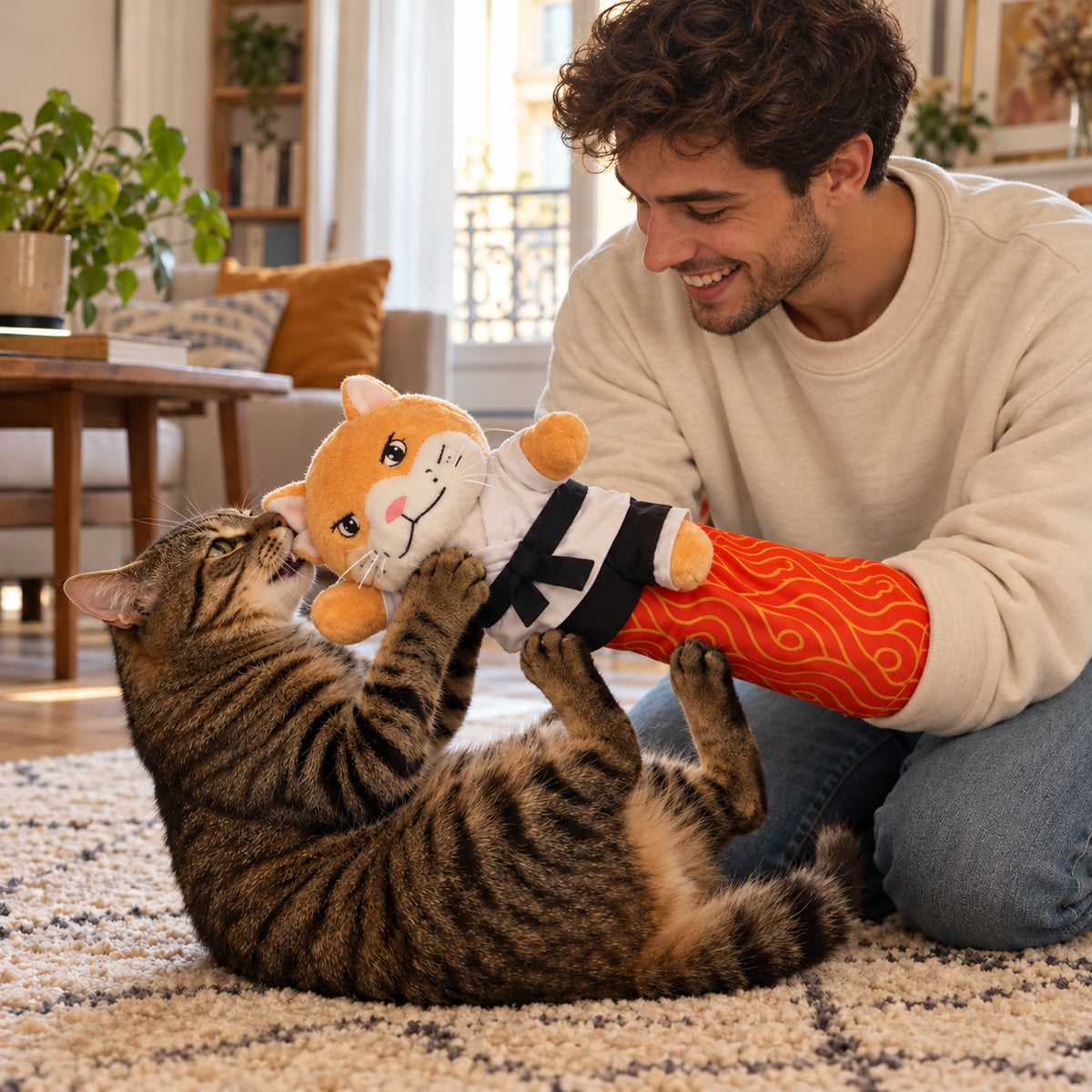 Un chat lutte avec la marionnette Natraline, la main de sa maîtresse cachée dans le manchon